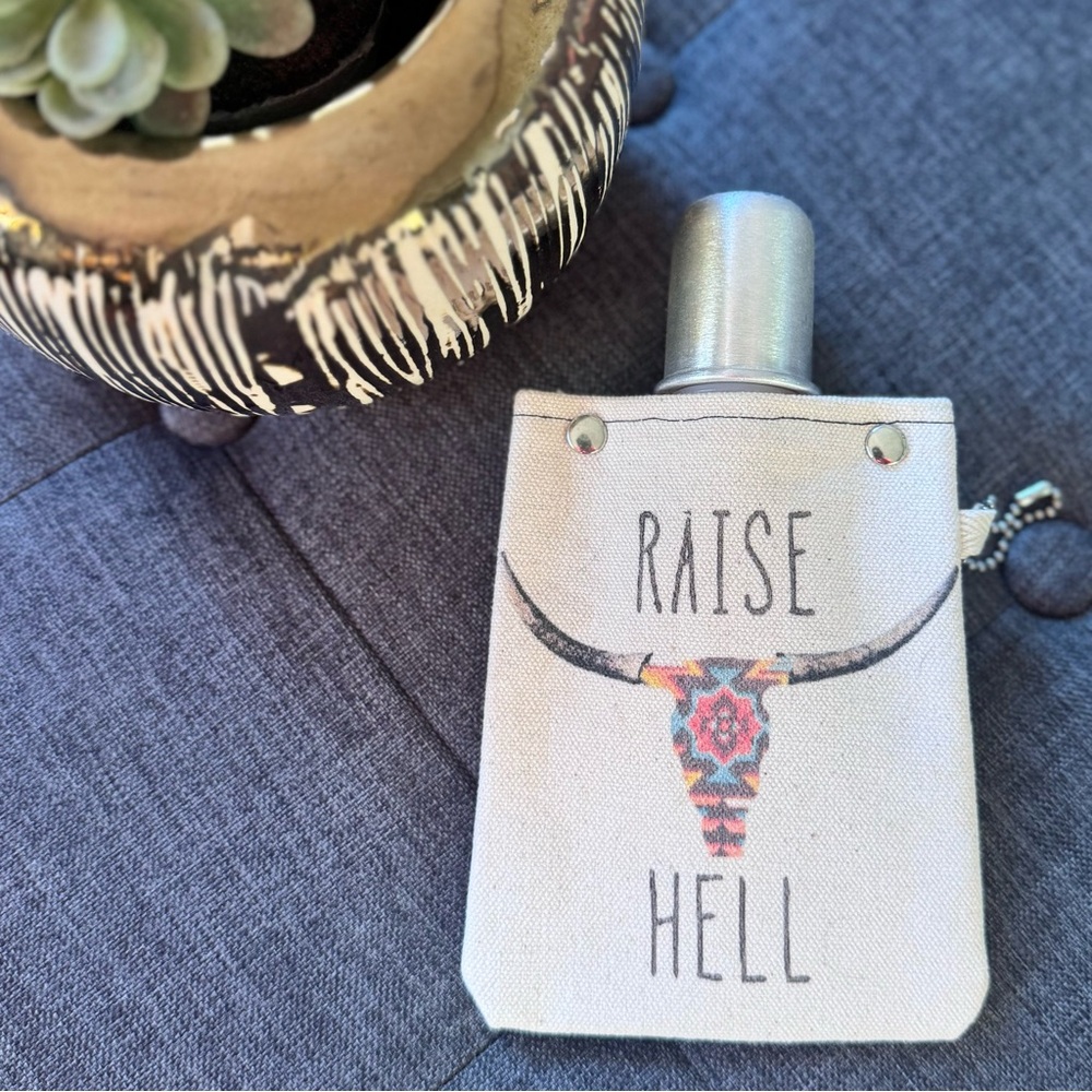 Raise Hell 4oz Canvas Flask with Bull Skull Design & Metal Shot Glass Cap